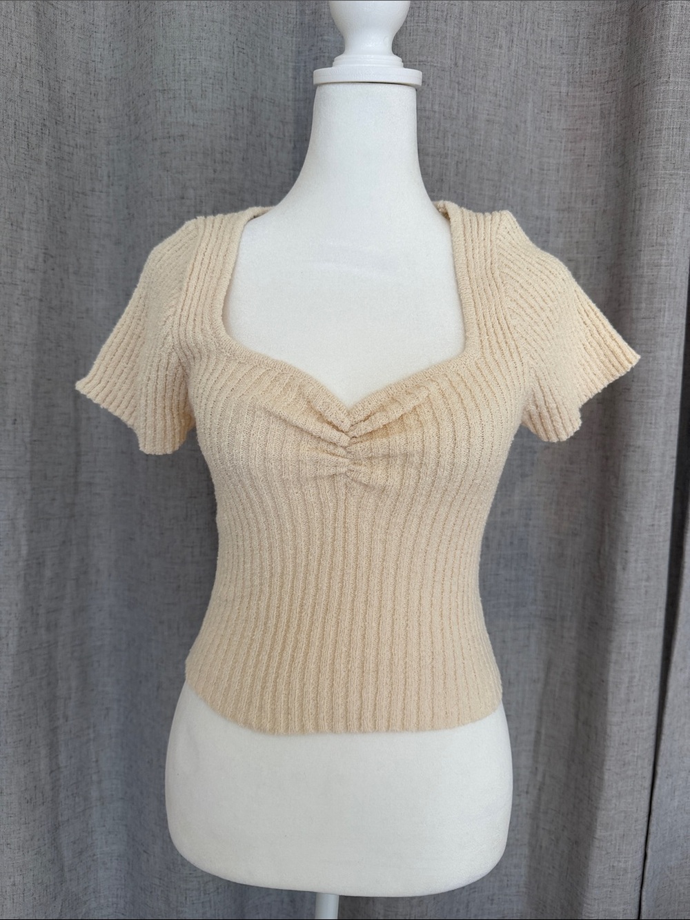 emory park Cream Ribbed Short Sleeve Sweetheart Top